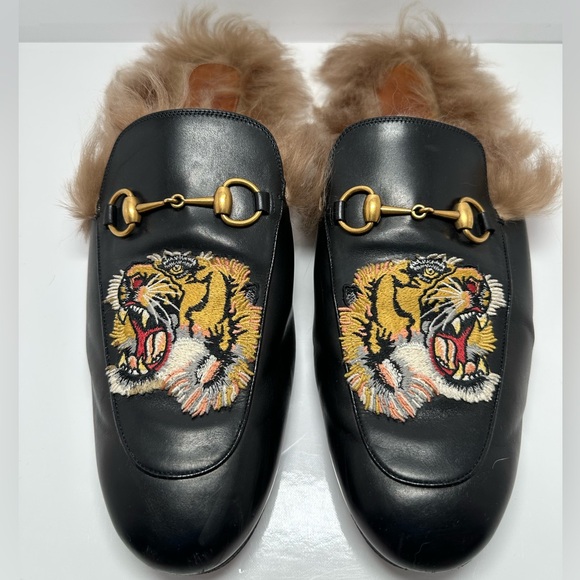 Gucci Other - Gucci Men’s  Princetown Black Tiger Embroidered
Leather Fur Lined Horsebit Mule